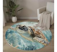 Tortue Mer Tapis Rond à Poils Courts, 120cm Tapis de Sol Antidérapant Peinture À L'Aquarel Sous-Marine Carpette de Décoration pour Chambre d'enfant, Salle de Jeux, Chambre d'adolescent, Bleu Clair