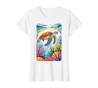 Tortue océanique paisible et récif coloré T-Shirt Graphique avec Valeur, Femme, Blanc, M
