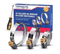 TORVALTO - Coffret 30 Colliers de Serrage Inox 8-50 mm Robuste + Tournevis OFFERT, Anti-Corrosion pour Voiture, Moto, Plomberie, Jardinage, Piscine, Lave-Linge, Chauffage, Climatisation, Bricolage