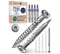 Torx - Lot de 1 000 vis à bois de 5 x 80 mm et 4 embouts hexagonaux correspondants - Pour terrasse - En acier inoxydable A2 - Avec tête bombée - Encoche de coupe et nervures d’épluchage