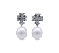 Tory Burch - Kira Pave Pearl Drop Earrings - Femme - Accessoires - Gris - Taille: ONE Size
