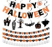 Torytoe Kit de décoration Halloween Guirlande HAPPY HALLOWEEN Grande chauve-souris, citrouilles, fantôme blanc et araignées guirlande de fanions Décoration de plafond en spirales Intérieur & extérieur