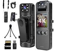 TOSBARRFT 128G Caméra corporelle 4K avec Objectif Rotatif de 180°, caméra de Sport avec 6 Heures d'autonomie de Batterie, Vision Nocturne, caméra Portable pour Animaux domestiques (H82-4K-128G)