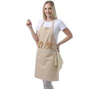 TOSHE Tablier de cuisine, résistant aux gouttes d'eau, tablier en coton avec tabliers réglables pour femmes, avec poches, tablier de cuisine, beige, taille unique