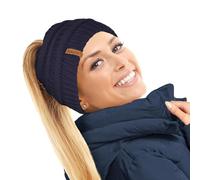 TOSKATOK Bonnet de queue-de-cheval en polaire thermique pour femme doublé en polaire Teddy, bleu marine, Taille unique