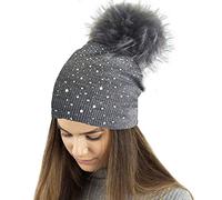 TOSKATOK® Bonnet en Maille Fine d'hiver pour Femme avec Appliques Paillettes Diamantes et Grand Pompon en Fausse Fourrure-Grey