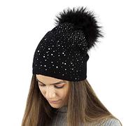 TOSKATOK® Bonnet en Maille Fine d'hiver pour Femme avec Appliques Paillettes Diamantes et Grand Pompon en Fausse Fourrure