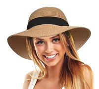 TOSKATOK Chapeau de Plage en Paille pour Femme UPF 50+ protge des Rayons UV, Large Bord, Pliable pour Les Voyages et Les Vacances-Taille Unique-Beige