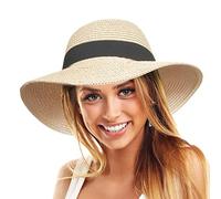 TOSKATOK Chapeau de Plage en Paille pour Femme UPF 50+ protge des Rayons UV, Large Bord, Pliable pour Les Voyages et Les Vacances-Taille Unique-CRME
