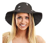 TOSKATOK Chapeau de Soleil Seau Chapeau de pcheur en Coton lav UPF 50+ pour Femme avec Motifs de Marguerites Brods, visire modelable et Bord effiloch-Taille Unique-Black