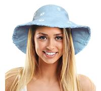TOSKATOK Chapeau de Soleil Seau Chapeau de pcheur en Coton lav UPF 50+ pour Femme avec Motifs de Marguerites Brods, visire modelable et Bord effiloch-Taille Unique-Blue