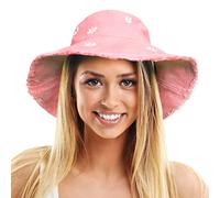 TOSKATOK Chapeau de Soleil Seau Chapeau de pcheur en Coton lav UPF 50+ pour Femme avec Motifs de Marguerites Brods, visire modelable et Bord effiloch-Taille Unique-Pink