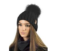 TOSKATOK Dames Femmes Hiver Rib Seed Stitch Beanie Bobble Chapeau avec Doublure en Polaire Confortable Chaud et Fausse Fourrure Pom Pom-Taille Unique-Noir Beanie