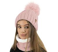 TOSKATOK Dames Femmes Hiver Rib Seed Stitch Beanie Bobble Chapeau avec Doublure en Polaire Confortable Chaud et Fausse Fourrure Pom Pom-Taille Unique-Nude Ensemble