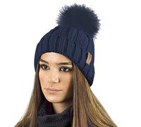 TOSKATOK Dames Femmes Hiver Rib Seed Stitch Beanie Bobble Chapeau avec Doublure en Polaire Confortable Chaud et Fausse Fourrure Pom Pom-Taille Unique-Bleu Beanie