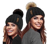TOSKATOK® Dames filles Chunky 3 en 1 Rib Beanie Hat avec 2 Interchangeable Grande fourrure Faux pompons, Noir, Taille unique