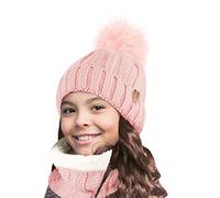TOSKATOK Enfants Filles Hiver côtes Point de Graine Thermique Chaud Confortable Polaire doublé Cache-Cou Snood écharpe avec Chapeau Ensemble-Taille Unique-Ensemble Nude
