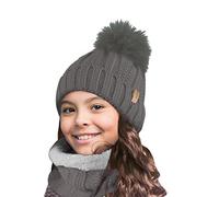 TOSKATOK Enfants Filles Hiver côtes Point de Graine Thermique Chaud Confortable Polaire doublé Cache-Cou Snood écharpe avec Chapeau Ensemble-Taille Unique-Ensemble Gris