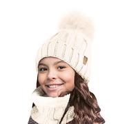 TOSKATOK Enfants Filles Hiver côtes Point de Graine Thermique Chaud Confortable Polaire doublé Cache-Cou Snood écharpe avec Chapeau Ensemble-Taille Unique-Ensemble Crème