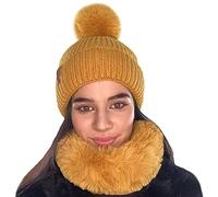TOSKATOK Ensemble Chapeau d'hiver Chaud et écharpe pour Femme avec Pompon et Bordure en Fausse Fourrure. Entièrement doublé de Fourrure Douce en Peluche