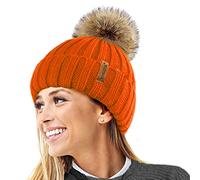 TOSKATOK® Femmes Hiver Rib Bonnet/Beanie avec Chunky détachable en Fausse Fourrure Bobble Pom Pom-Taille Unique-Orange