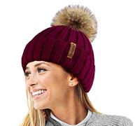 TOSKATOK® Femmes Hiver Rib Bonnet/Beanie avec Chunky détachable en Fausse Fourrure Bobble Pom Pom-Taille Unique-Burgundy