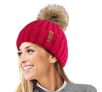 TOSKATOK® Femmes Hiver Rib Bonnet/Beanie avec Chunky détachable en Fausse Fourrure Bobble Pom Pom-Taille Unique-Red