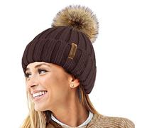 TOSKATOK® Femmes Hiver Rib Bonnet/Beanie avec Chunky détachable en Fausse Fourrure Bobble Pom Pom-Taille Unique-Chocolat