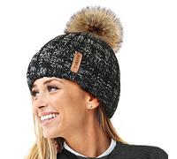 TOSKATOK® Femmes Hiver Rib Bonnet/Beanie avec Chunky détachable en Fausse Fourrure Bobble Pom Pom-Taille Unique-Noir/Gris