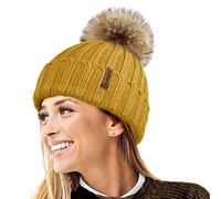 TOSKATOK® Femmes Hiver Rib Bonnet/Beanie avec Chunky détachable en Fausse Fourrure Bobble Pom Pom-Taille Unique-Moutarde
