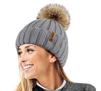 TOSKATOK® Femmes Hiver Rib Bonnet/Beanie avec Chunky détachable en Fausse Fourrure Bobble Pom Pom-Taille Unique-Grey