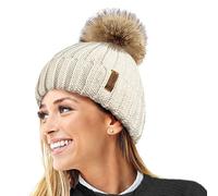 TOSKATOK® Femmes Hiver Rib Bonnet/Beanie avec Chunky détachable en Fausse Fourrure Bobble Pom Pom-Taille Unique-Beige