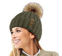 TOSKATOK® Femmes Hiver Rib Bonnet/Beanie avec Chunky détachable en Fausse Fourrure Bobble Pom Pom-Taille Unique-Olive