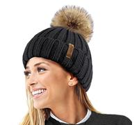 TOSKATOK® Femmes Hiver Rib Bonnet/Beanie avec Chunky détachable en Fausse Fourrure Bobble Pom Pom-Taille Unique-Black