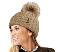 TOSKATOK® Femmes Hiver Rib Bonnet/Beanie avec Chunky détachable en Fausse Fourrure Bobble Pom Pom-Taille Unique-Chameau