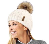 TOSKATOK® Femmes Hiver Rib Bonnet/Beanie avec Chunky détachable en Fausse Fourrure Bobble Pom Pom-Taille Unique-CRÈME
