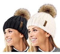 TOSKATOK® Femmes Hiver Rib Bonnet/Beanie avec Chunky détachable en Fausse Fourrure Bobble Pom Pom-Taille Unique-Black-Cream