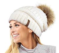TOSKATOK® Femmes Texture Tricot Beanie avec Detachable Fourrure Faux Pom Pom