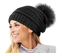 TOSKATOK® Femmes Texture Tricot Beanie avec Detachable Fourrure Faux Pom Pom