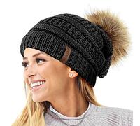 TOSKATOK® Femmes Texture Tricot Beanie avec Detachable Fourrure Faux Pom Pom