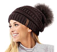 TOSKATOK® Femmes Texture Tricot Beanie avec Detachable Fourrure Faux Pom Pom