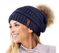 TOSKATOK® Femmes Texture Tricot Beanie avec Detachable Fourrure Faux Pom Pom