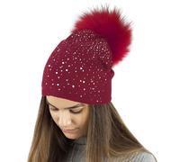 TOSKATOK Ladies Fine Knit Winter Beanie Hat with Diamante Glitter Applique and Large Faux Fur Pompom-1