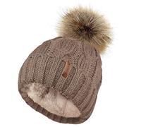 TOSKATOK Mesdames trapu Douce cble Bonnet en Tricot avec Confortable Doublure Polaire Amovible en Fausse Fourrure et Pompon-Taille Unique-Taupe