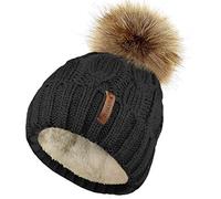 TOSKATOK Mesdames trapu Douce cble Bonnet en Tricot avec Confortable Doublure Polaire Amovible en Fausse Fourrure et Pompon-Taille Unique-Black