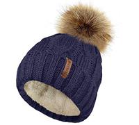 TOSKATOK Mesdames trapu Douce cble Bonnet en Tricot avec Confortable Doublure Polaire Amovible en Fausse Fourrure et Pompon-Taille Unique-Navy