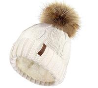 TOSKATOK Mesdames trapu Douce cble Bonnet en Tricot avec Confortable Doublure Polaire Amovible en Fausse Fourrure et Pompon-Taille Unique-Cream