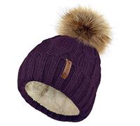 TOSKATOK Mesdames trapu Douce cble Bonnet en Tricot avec Confortable Doublure Polaire Amovible en Fausse Fourrure et Pompon-Purple