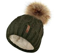 TOSKATOK Mesdames trapu Douce cble Bonnet en Tricot avec Confortable Doublure Polaire Amovible en Fausse Fourrure et Pompon-Taille Unique-Olive