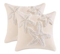 Tosleo Housse de Coussin Océan Été 45 x 45 cm Étoile de Mer Touffeté Ferme Coton Doux Décoratif Taie d'oreiller pour Canapé Salon Chambre Chaise Jardin Maison Décoration 2 Pièces
